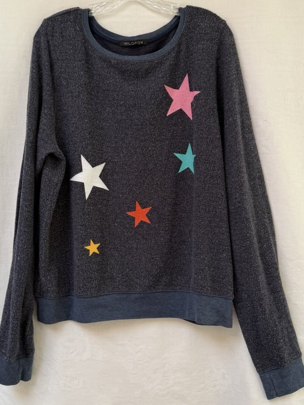 Wildfox Blue Gray Star Print Sweatshirt Women’s Large Celestial Cozy Travel
